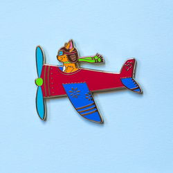 Airplane Pilot Cat in Red Plane Enamel Lapel Pin
