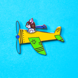 Airplane Pilot Cat in Yellow Plane Enamel Lapel Pin