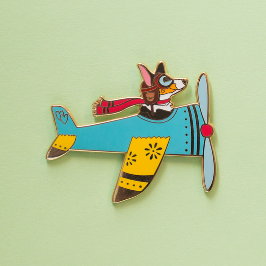 Airplane Pilot Corgi in Blue Plane Enamel Lapel Pin