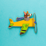 Airplane Pilot Corgi in Yellow Plane Enamel Lapel Pin