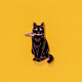 Black Cat with Knife Enamel Pin