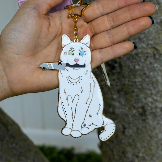 White Cat with Knife Charm / Keychain