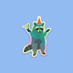 Green Party Raccoon Holographic Die-Cut Vinyl Sticker