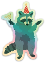 Green Party Raccoon Holographic Die-Cut Vinyl Sticker