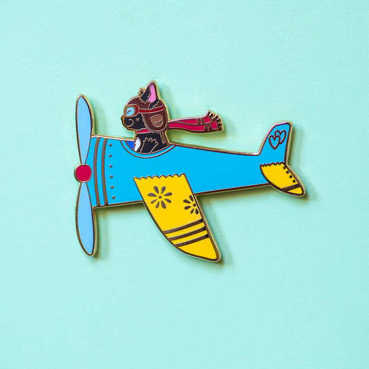 Airplane Pilot Cat in Blue Plane Enamel Lapel Pin