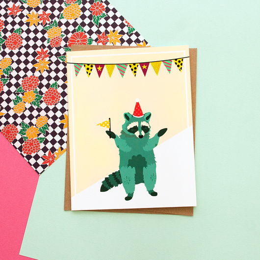 Green Raccoon Party Animal Handmade Celebration Greeting Card