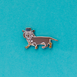 Dark Brown Dachshund Cowboy Enamel Lapel Pin. Get a Long Little Doggie