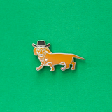 Light Brown Dachshund Cowboy Enamel Lapel Pin. Get a Long Little Doggie