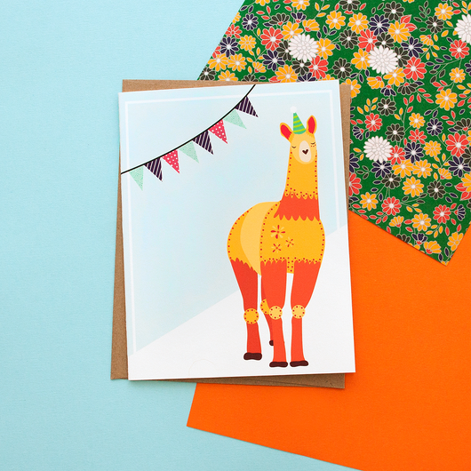 Orange Llama Party Animal Handmade Celebration Greeting Card