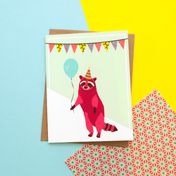 Pink Raccoon Party Animal Handmade Celebration Greeting Card