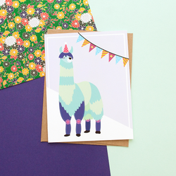Blue Llama Party Animal Handmade Celebration Greeting Card